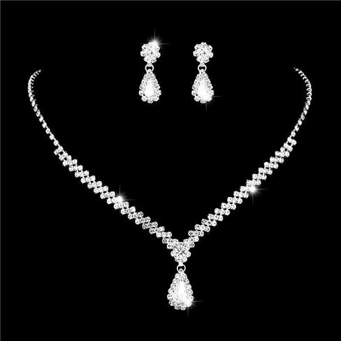 Unicra Rhinestone Bridal Wedding Jewelry Set Silver Crystal Necklace Earrings Sets Formal Costume Jewelry for Women and Brides in Saudi Arabia