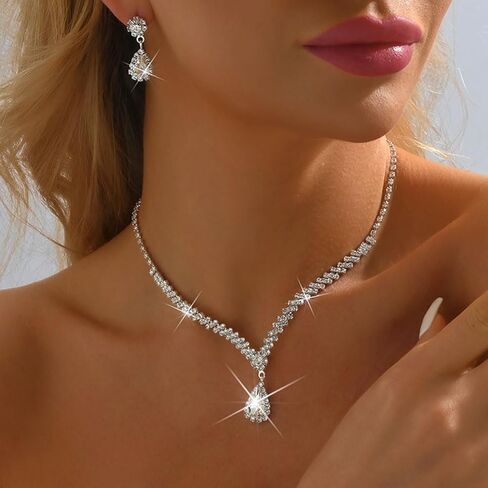 Unicra Rhinestone Bridal Wedding Jewelry Set Silver Crystal Necklace Earrings Sets Formal Costume Jewelry for Women and Brides in Saudi Arabia