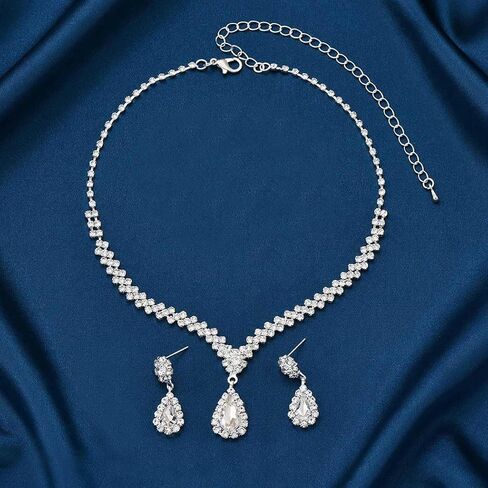 Unicra Rhinestone Bridal Wedding Jewelry Set Silver Crystal Necklace Earrings Sets Formal Costume Jewelry for Women and Brides in Saudi Arabia