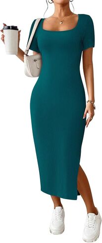 CFLONGE Women's 2024 Summer Bodycon Sundresses Casual Short Sleeve Square Neck Midi Dress Knit Side Slit Long Ribbed Dresses in Saudi Arabia