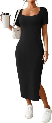 CFLONGE Women's 2024 Summer Bodycon Sundresses Casual Short Sleeve Square Neck Midi Dress Knit Side Slit Long Ribbed Dresses in Saudi Arabia
