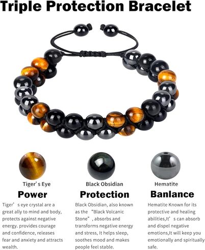سوار حماية ثلاثي للرجال والنساء من الهيماتيت الأسود الحقيقي من حجر السج عين النمر الخرز الحجري الطبيعي 8 مم أساور كريستال علاجية حرفية (الهيماتيت + حجر السج الأسود + عين النمر الأصفر) in Kuwait