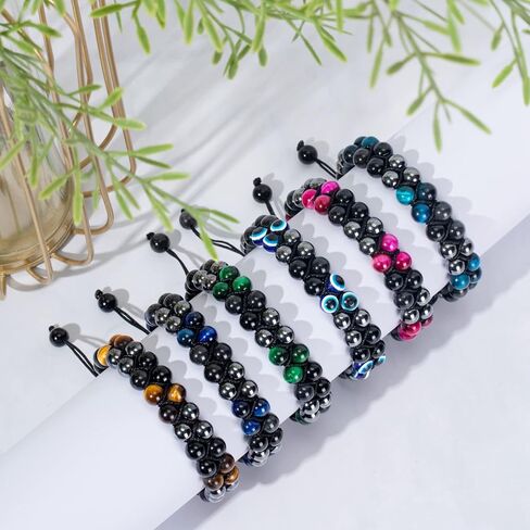 سوار حماية ثلاثي للرجال والنساء من الهيماتيت الأسود الحقيقي من حجر السج عين النمر الخرز الحجري الطبيعي 8 مم أساور كريستال علاجية حرفية (الهيماتيت + حجر السج الأسود + عين النمر الأصفر) in Kuwait