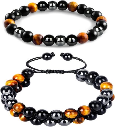 سوار حماية ثلاثي للرجال والنساء من الهيماتيت الأسود الحقيقي من حجر السج عين النمر الخرز الحجري الطبيعي 8 مم أساور كريستال علاجية حرفية (الهيماتيت + حجر السج الأسود + عين النمر الأصفر) in Kuwait
