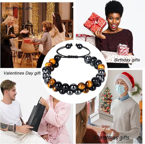 سوار حماية ثلاثي للرجال والنساء من الهيماتيت الأسود الحقيقي من حجر السج عين النمر الخرز الحجري الطبيعي 8 مم أساور كريستال علاجية حرفية (الهيماتيت + حجر السج الأسود + عين النمر الأصفر) in Kuwait