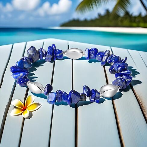 Natural Stone Beads Bracelet - Handmade Stretch Bangle with Mixed Crystal Gravel and Elegant Metal Accents for Women and Men (Blue Sand, Silver plated) in Saudi Arabia