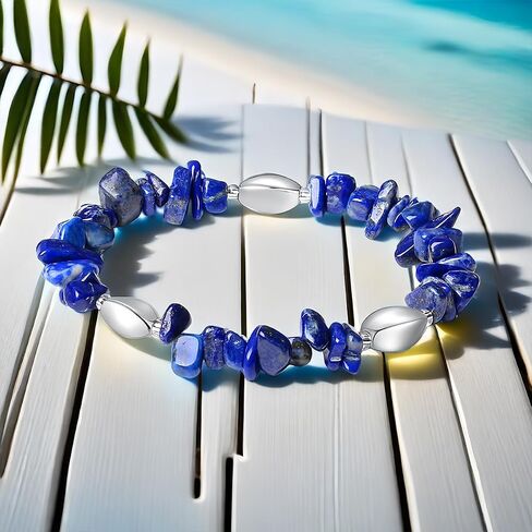 Natural Stone Beads Bracelet - Handmade Stretch Bangle with Mixed Crystal Gravel and Elegant Metal Accents for Women and Men (Blue Sand, Silver plated) in Saudi Arabia