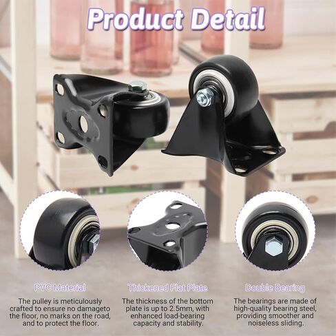 MroMax 2 Inch Fixed Caster Wheels, No Noise PVC Plate Casters, Each Capacity 132lbs, Double Ball Bearing Black Fixed Plate Casters for Workbench and Furniture (Pack of 4) in Saudi Arabia
