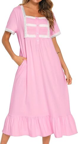 Women's Victorian Nightgown Short Sleeve Sleep Dress Vintage Lace Frill Calf Old Fashioned Pajama Shirt in Saudi Arabia