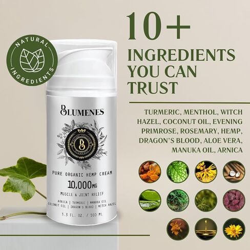 Blumenes Labs 10.000 مجم كريم القنب العضوي القوي لتخفيف الآلام - كريم تخفيف آلام عضلات القنب المركز - كريم المفاصل والتهاب المفاصل وكريم آلام الظهر (عبوة من قطعة واحدة) in Saudi Arabia