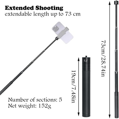 عصا سيلفي قابلة للتمديد، عصا سيلفي غير مرئية عالمية خفيفة الوزن 19 سم / 7.48 بوصة إلى 73 سم / 28.74 بوصة للهواتف الذكية، عصا تمديد Gimbal للكاميرا والفيديو والهواتف الذكية والسفر in Kuwait