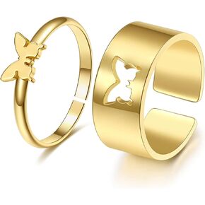 خواتم فراشة للنساء، حلقات مطابقة قابلة للتعديل من الفولاذ المقاوم للصدأ مضادة للحساسية للأزواج والبنات المراهقات والصداقة الفضية المطلية بالذهب مجموعة مجوهرات معدنية مقسمة. in Kuwait