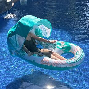 Pool Floats Adult with Canopy Upf50+, Extra Large Pool Floats Adult Heavy Duty, Swimming Pool Float with Shade Cover, Cup Holders, Ergonomic Headrest