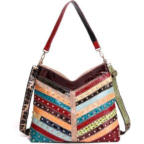 Multi-color Handbag for Women Cow Leather Purse Random Colorful Patchwork Shoulder Bag Rivets Snake pattern Satchel