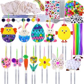Winlyn 36 Sets Wooden Easter Wind Chimes Ornaments Easter Craft Kits Paintable Unfinished Wood Easter Egg Bunny Chick Tulip Pom Poms Wind Chimes Arts and Crafts for Spring Party Activities