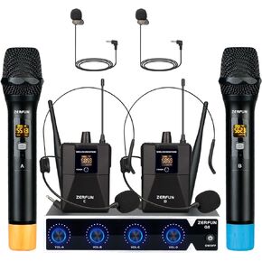 Pro Wireless Microphone System 4 Channel, UHF Cordless Headset Lavalier Lapel Mics for Church Karaoke Singing, 4x50 Adjustable Frequency(G8 Battery 4 Bodypack)