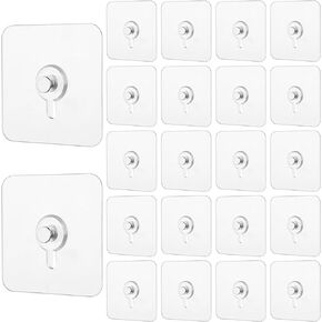 20Pcs Heavy Duty Single Nail Free Picture Hangers Without Nails Adhesive Hooks Wall Hangers No Damage Wall Hooks Hanging Reusable Screw Free Sticker for Kitchen Bathroom Home Office Key