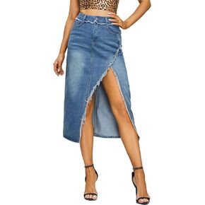 Denim Midi Skirt for Women - High Waisted Split Front Raw Slimming A-line Fit with Hugged HIPS
