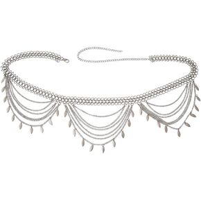 Boho Silver Body Chain Sexy Sequins Waist Chains Layered Bikini Belly Chain Rave Nightclub Body Jewelry for Women and Girls (K)
