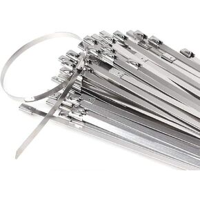 Stainless Steel Cable Ties, Tiberham 100 Pcs 7.9 Inches Heavy Duty Self-Locking Cable Zip Ties, Multi-Purpose Metal Exhaust Wrap Locking Ties for Home Office Garage Workshop