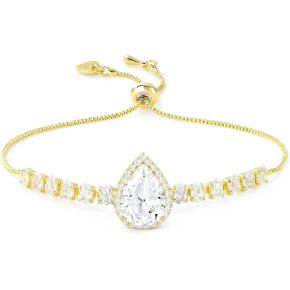 Linawe Crystal Diamond Rhinestone Charm Bracelets for Women, Gold/Silver/Rose Gold Adjustable Chain Bracelet, Teardrop Birthstone Cubic Zirconia Prom Costume Wedding Jewelry