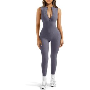 Zipper Up Seamless Jumpsuits for Women Workout Sleeveless Ribbed Rompers Stretchy