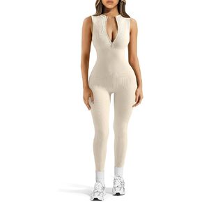 Zipper Up Seamless Jumpsuits for Women Workout Sleeveless Ribbed Rompers Stretchy