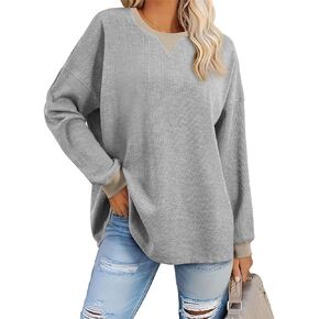 AlvaQ Womens Oversized Sweatshirts 2024 Casual Crewneck Long Sleeve Waffle Knit Tops Pullover Jumper Outfits