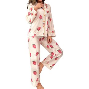 WDIRARA Women's 2 Piece Fruit Pajama Set Strawberry Print Long Sleeve Button Shirt and Pants Sleepwear