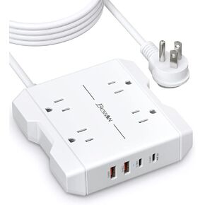 PD20W USB C Power Strip with Surge Protection - BESFAN Multi-Outlet Strip with 4 AC Outlets, 2 USB-A & 2 Fast Charging USB C Ports, Flat Plug, Long Cord, Portable for Travel & Office Use and Dorm