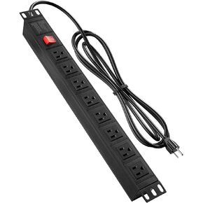 QBA Rack Mount Power Strip, Wide Spaced 8 Outlet Power Strip Surge Protector, 1U Power Strip for Network Server Racks, 6FT Extension Cord, ETL Listed, Black