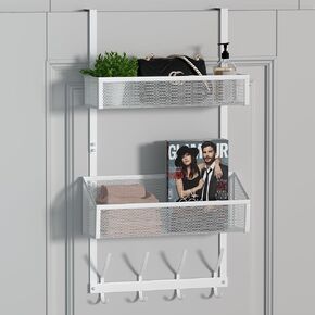 Unjumbly Over Door Hook with 2 Baskets and 4 Hooks, Drilling-Free Over The Door Organizer, 304 Stainless Steel Over The Door Hanger for Bathroom, Kitchen, Bedroom, Apartment, Utility Room, Black
