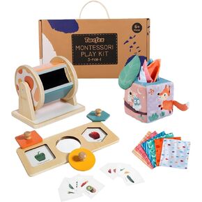 Montessori Toys for Babies 6-12 Months - 3 in 1 Baby Toys Play Kit - Medium Spinning Drum - Baby Tissue Box Toy - Peekaboo Knob Puzzle with Cards - Learning Educational Toy for Boys and Girls