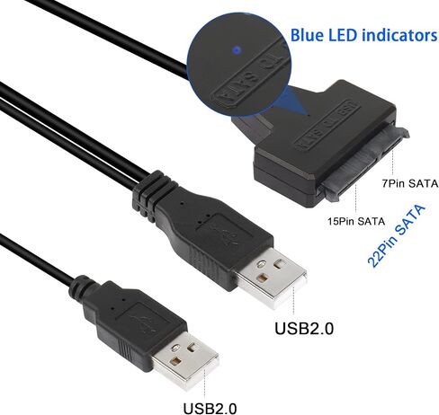 كابل محول القرص الصلب QIANRENON USB 2.0 إلى SATA III، كابل محول SATA إلى USB 2.0 لـ 2.5 بوصة SSD وHDD USB مزدوج مع منفذ DC أسود in Saudi Arabia