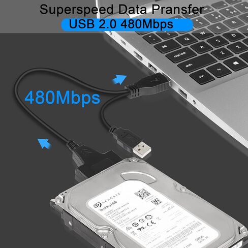 كابل محول القرص الصلب QIANRENON USB 2.0 إلى SATA III، كابل محول SATA إلى USB 2.0 لـ 2.5 بوصة SSD وHDD USB مزدوج مع منفذ DC أسود in Saudi Arabia