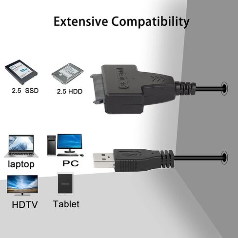 كابل محول القرص الصلب QIANRENON USB 2.0 إلى SATA III، كابل محول SATA إلى USB 2.0 لـ 2.5 بوصة SSD وHDD USB مزدوج مع منفذ DC أسود in Saudi Arabia