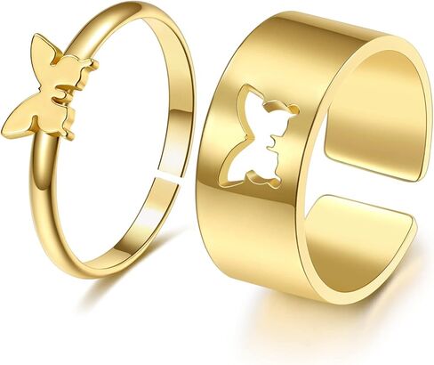 خواتم فراشة للنساء، حلقات مطابقة قابلة للتعديل من الفولاذ المقاوم للصدأ مضادة للحساسية للأزواج والبنات المراهقات والصداقة الفضية المطلية بالذهب مجموعة مجوهرات معدنية مقسمة. in Kuwait