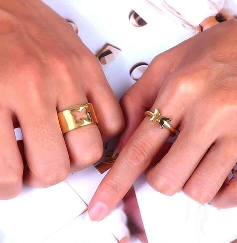 خواتم فراشة للنساء، حلقات مطابقة قابلة للتعديل من الفولاذ المقاوم للصدأ مضادة للحساسية للأزواج والبنات المراهقات والصداقة الفضية المطلية بالذهب مجموعة مجوهرات معدنية مقسمة. in Kuwait