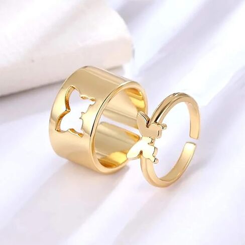 خواتم فراشة للنساء، حلقات مطابقة قابلة للتعديل من الفولاذ المقاوم للصدأ مضادة للحساسية للأزواج والبنات المراهقات والصداقة الفضية المطلية بالذهب مجموعة مجوهرات معدنية مقسمة. in Kuwait