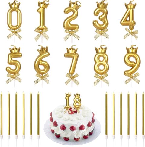 مجموعة 22 قطعة من شموع عيد الميلاد، 0-9 شمعة عيد ميلاد برقم التاج الذهبي مع 12 قطعة علوية طويلة للكيك، شموع لامعة لكعكة عيد الميلاد وحفلات الزفاف وحفلات استقبال المولود الجديد وزينة الذكرى السنوية in Kuwait