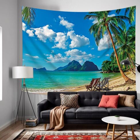 خلفية المحيط لشاطئ هاواي، خلفية حفلات استوائية صيفية من نسيج القماش للديكور الداخلي والخارجي، لافتة خلفية لشجرة النخيل والبحر (7 × 5 قدم) ﻿ in Kuwait