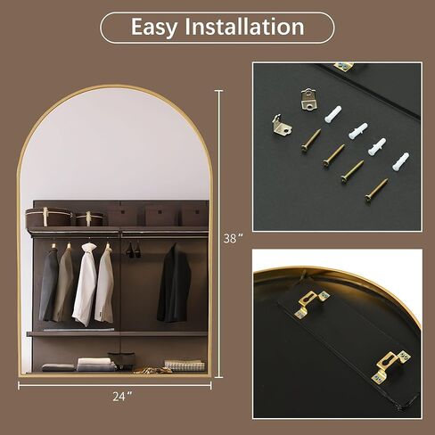 LFT HUIMEI2Y Arched Wall Mirror, 24"x36"Arched Wall Mounted Mirror with Aluminum Alloy Frame and Arch Top Rounded Corner for Bathroom, Bedroom, Living Room, Entryway, Gold in Kuwait