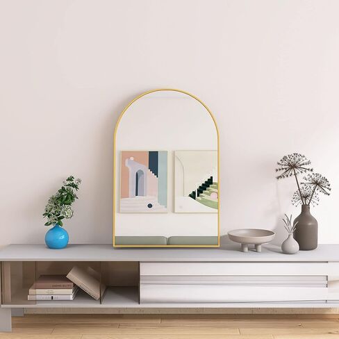 LFT HUIMEI2Y Arched Wall Mirror, 24"x36"Arched Wall Mounted Mirror with Aluminum Alloy Frame and Arch Top Rounded Corner for Bathroom, Bedroom, Living Room, Entryway, Gold in Kuwait