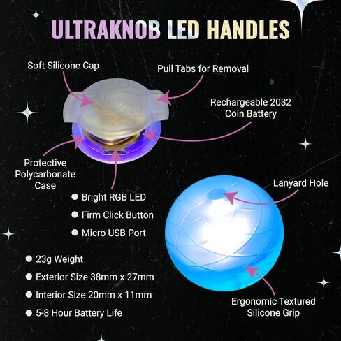 مجموعة مقابض UltraPoi UltraKnob (زوج (2)) - مقابض مقابض LED قابلة لإعادة الشحن لكرات Poi - أكثر من 30 وضعًا لألوان قوس قزح وأنماط وامضة - مجموعة مقابض سيليكون لـ Poi وفنون التدفق والغزل الخفيف in Kuwait