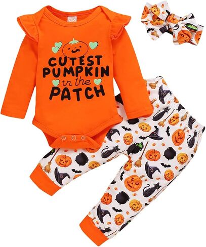 OneCut My First Halloween Newborn Infant Baby Boy Girls Pumpkin Printed Long Sleeve Outfits Set in Saudi Arabia