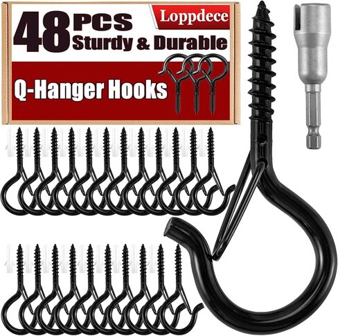 48 قطعة من خطافات الشماعات Q، خطافات لولبية لأضواء السلسلة الخارجية، برغي مقاوم للرياح في خطافات مع مشبك أمان لتعليق النباتات وأضواء عيد الميلاد وأضواء الفناء، تتضمن 1 مفك صواميل جناح، أسود in Kuwait