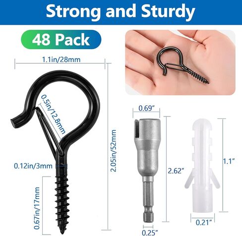 48 قطعة من خطافات الشماعات Q، خطافات لولبية لأضواء السلسلة الخارجية، برغي مقاوم للرياح في خطافات مع مشبك أمان لتعليق النباتات وأضواء عيد الميلاد وأضواء الفناء، تتضمن 1 مفك صواميل جناح، أسود in Kuwait