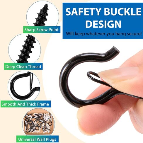 48 قطعة من خطافات الشماعات Q، خطافات لولبية لأضواء السلسلة الخارجية، برغي مقاوم للرياح في خطافات مع مشبك أمان لتعليق النباتات وأضواء عيد الميلاد وأضواء الفناء، تتضمن 1 مفك صواميل جناح، أسود in Kuwait