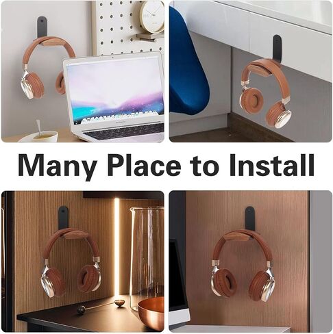 Wood Headphone Wall Mount Holder, with VHB Adhesive Tape and Screw, Holds 10 lbs (Black & Walnut Wood, 2 Pack) in Saudi Arabia