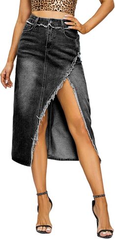 Denim Midi Skirt for Women - High Waisted Split Front Raw Slimming A-line Fit with Hugged HIPS in Saudi Arabia